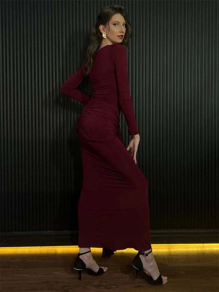 Tossy Damen Plissee Sexy Maxikleid Patchwork Twist Slim Langarm Einfarbig Y2k Herbst Streetwear Kleid Damen Bodycon Kleid