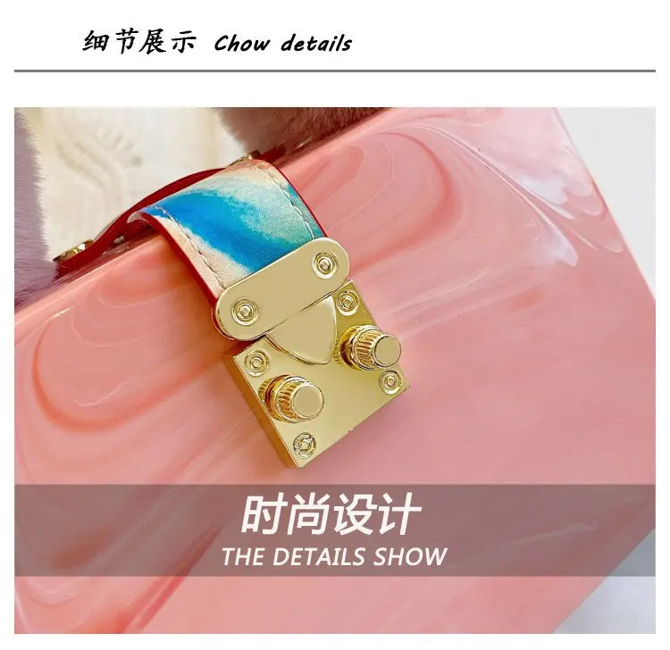 Faux Fur Top Handle Acrylic Party Box Clutch Fashion Purses and Handbags for Women Designer Evening Bag Chain Shoulder Bag