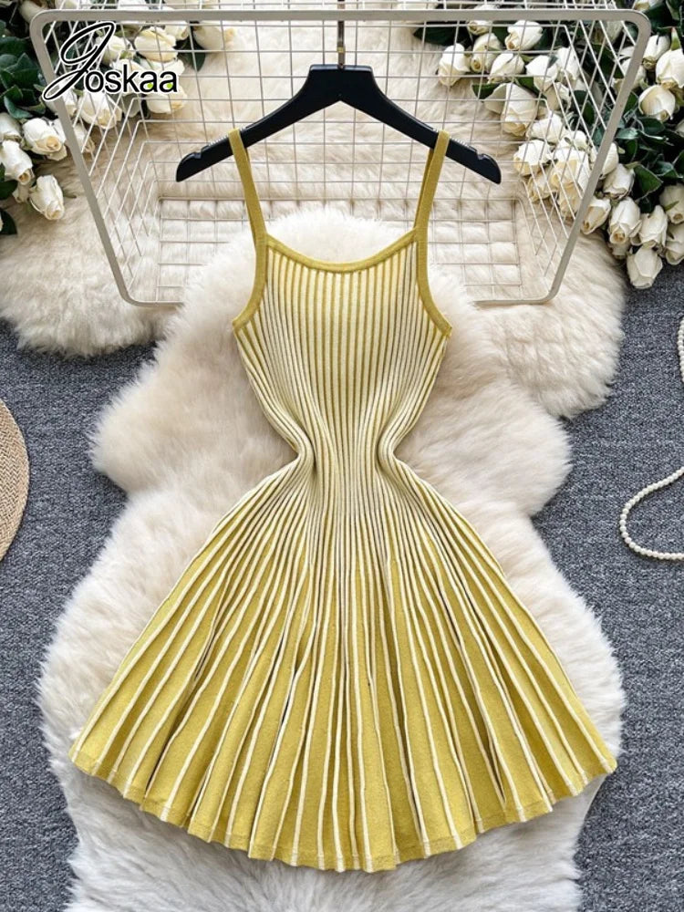 Joskaa 2026 Autumn Retro Striped Knit Dress Women Elegant Pleated Waist Slim Low Cut Sleeveless A-line Slip Dress Streetwear
