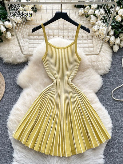 Joskaa 2026 Autumn Retro Striped Knit Dress Women Elegant Pleated Waist Slim Low Cut Sleeveless A-line Slip Dress Streetwear
