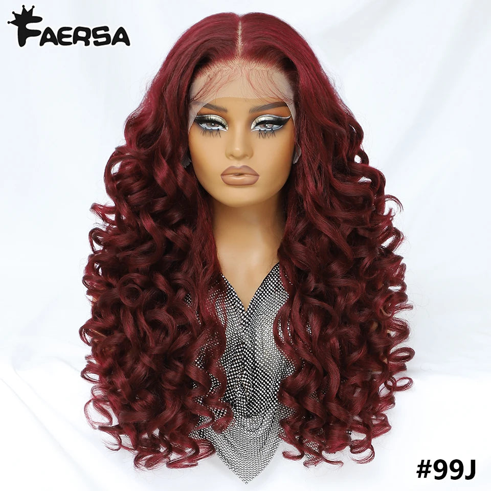 Latisha 13X6 HD Synthetische Spitzenfrontperücke lockig vorgezupfte Lace-Frontal-Perücke mit Pony für Damen, Highlights mit Babyhaar, 24 Zoll