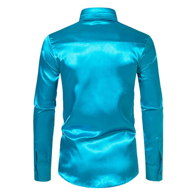 Herren Schwarz Satin Luxus Hemden Mode Seidig Glattes Smokinghemd Einfarbig Hochzeit Party Abschlussball Freizeit Hemd Business Büro