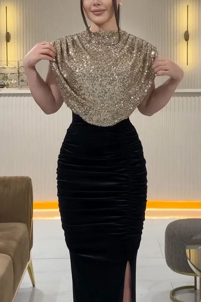 Spring Sequined Patchwork Sleeveless Long Dress Casual Party Draped Split O Neck Sequin Splicing Party Dress 2025