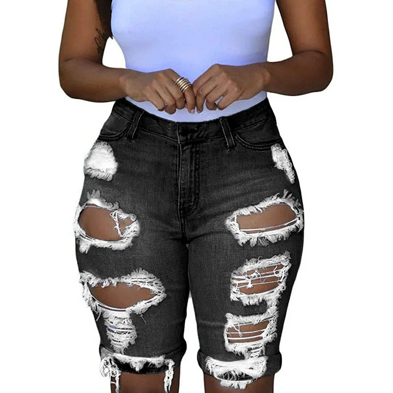 CM.YAYA Women New Winter Hole Ripped High Waist Casual Zipper Fly Knee Length Jeans High Streetwear Denim Shorts Fashion Pants