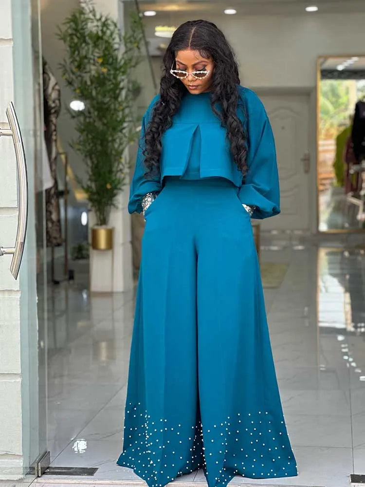 Frühlingskleidung für Damen, 2-teilige Sets Damen-Outfit, Laternenärmel-Anzug mit weiter Hose und Top, High Street Elegante Damen-Sets