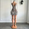 Stunning Sparkly Luxury Diamond Women Birthday Party Cocktail Gowns Sexy Sheer Pink Feather Mini Short Prom Dresses 2025