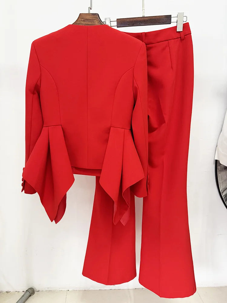 Pantsuit Suits Blazer Women Red Orange New Design Flare Pants Set Two Piece Sets Festival Office Business Female Suit Outfits