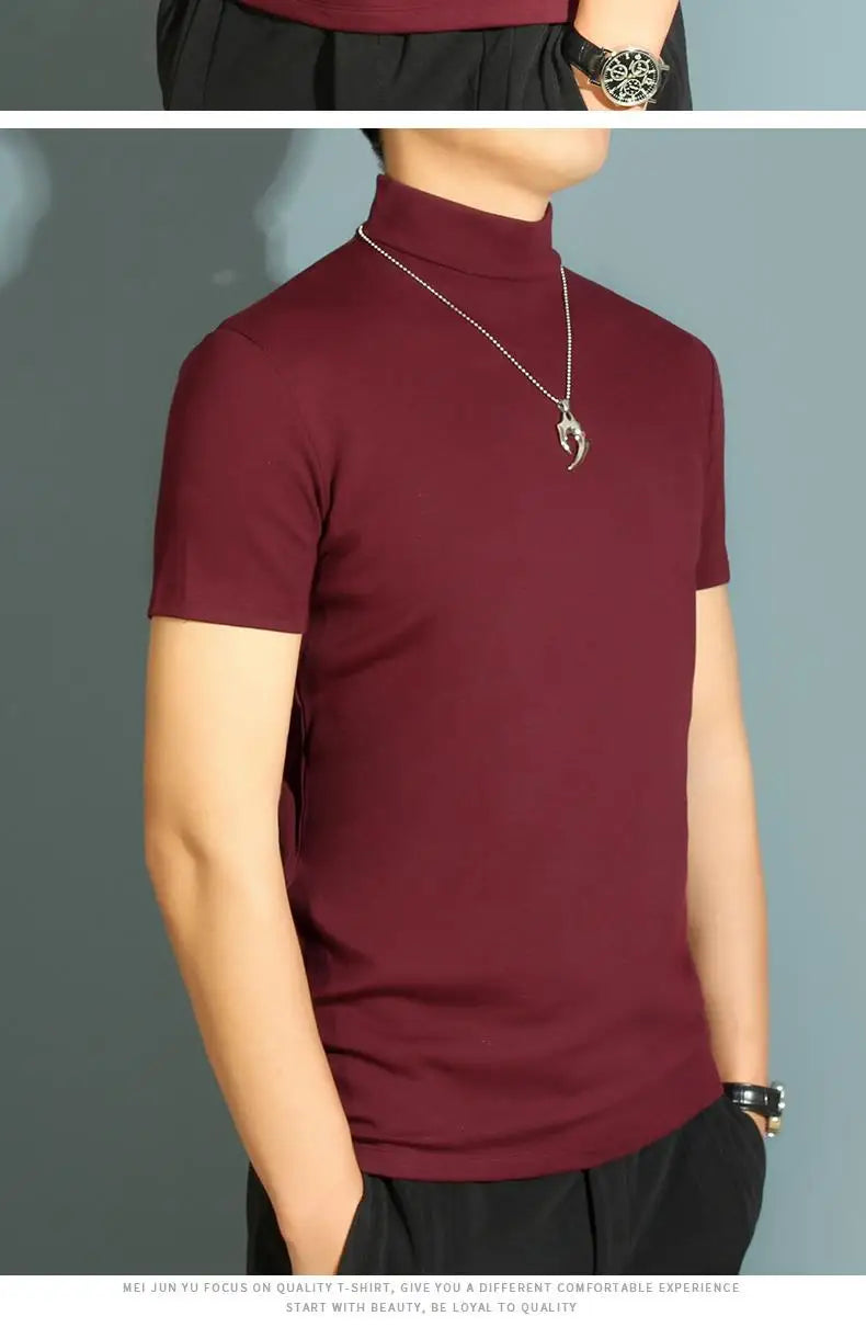 Men's Modal High Neck Short Sleeve T-Shirt Bottoming Shirt Silk Model Golf Wear Luxury Clothing Men's T-Shirt Bottoming Shirt