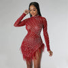 Sexy Perlen Strass Partykleider Damen Eleganz Nachtclub Feder Geburtstagskleid Langarm Mesh Sheer Bodycon Minikleid