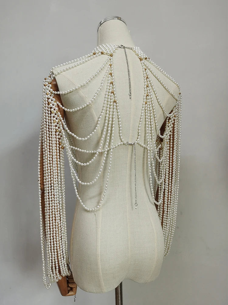 Women Pearl Tank Top Sexy Multiplayer Pearl Tassel Long Sleeve Bra Chains Camisole Necklaces Collar Partywear Crop Tops