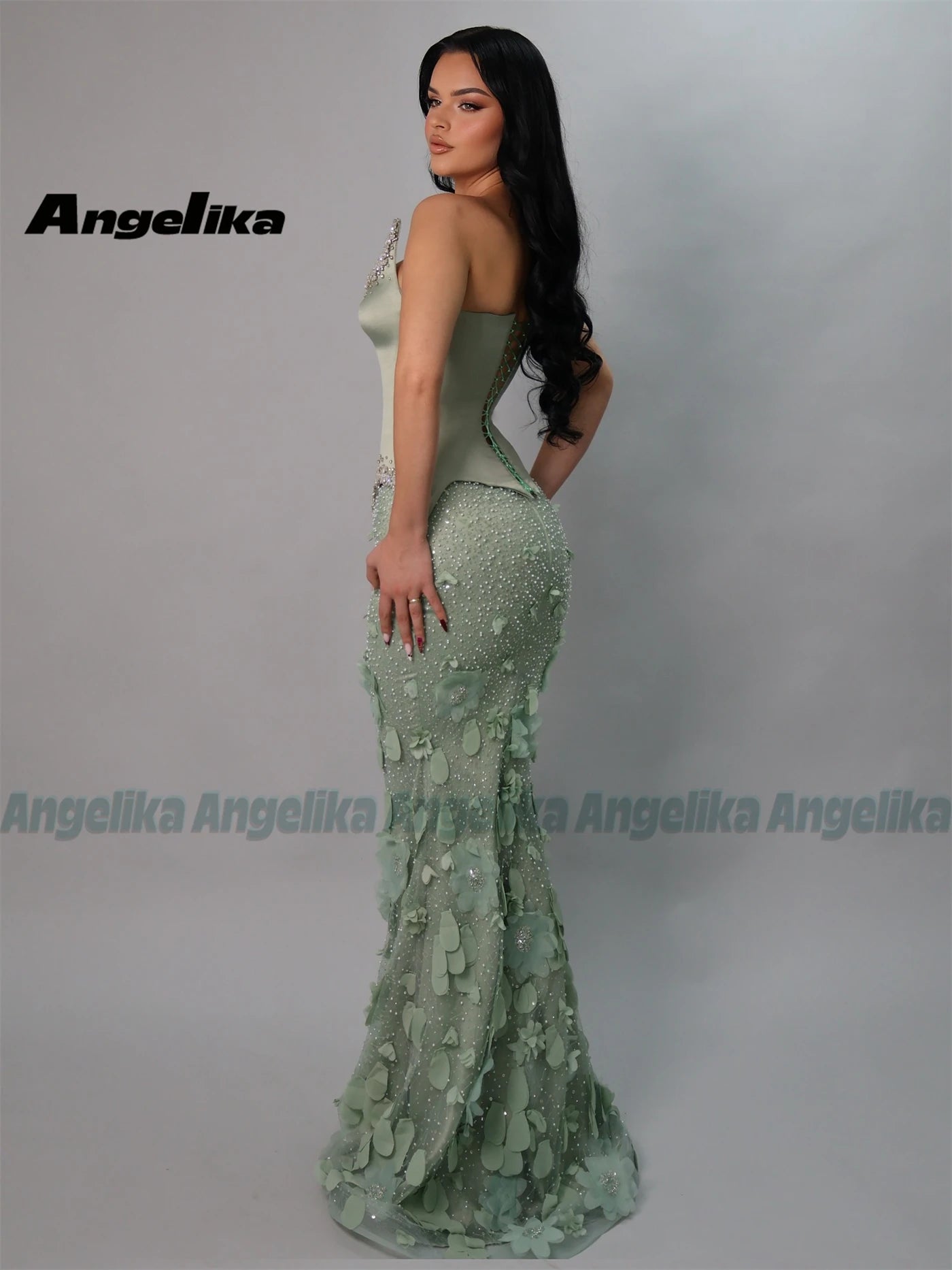 Angelika Glamorous Mermaid Prom Dresses for Women 3D Flowers Crystals Pearls Lace up Pageant Gowns Vestido de Gala Customized