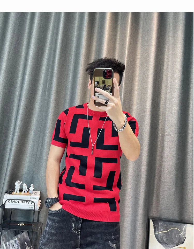 Luxury Men Autumn Knitted Tshirt 2024 Korean O-neck Short Sleeve Top Tees Streetwear Male Social Club Slim Fit Casual T-Shirt