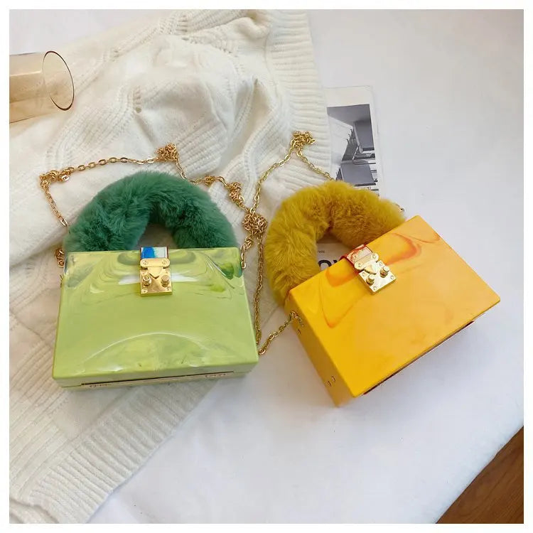 Faux Fur Top Handle Acrylic Party Box Clutch Fashion Purses and Handbags for Women Designer Evening Bag Chain Shoulder Bag