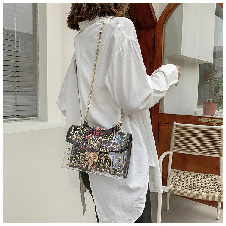 Marke Frauen Nieten Graffiti Umhängetaschen Mode Schultertasche für Damen Weibliche Luxus Designer Handtaschen 2023 Hohe Qualität