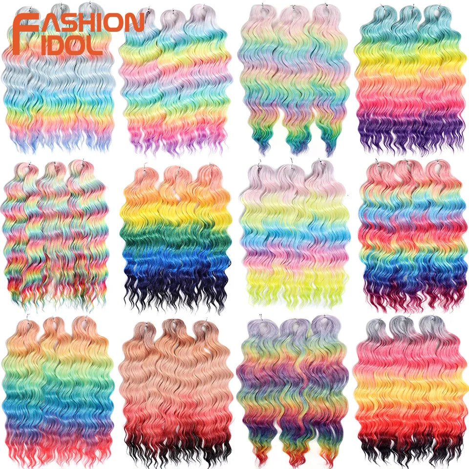FASHION IDOL 24-Zoll Häkelhaar Synthetische Wasserwelle Flechthaarverlängerungen Ombré Regenbogenfarbe Kunsthaar Deep Wave Lockenhaar