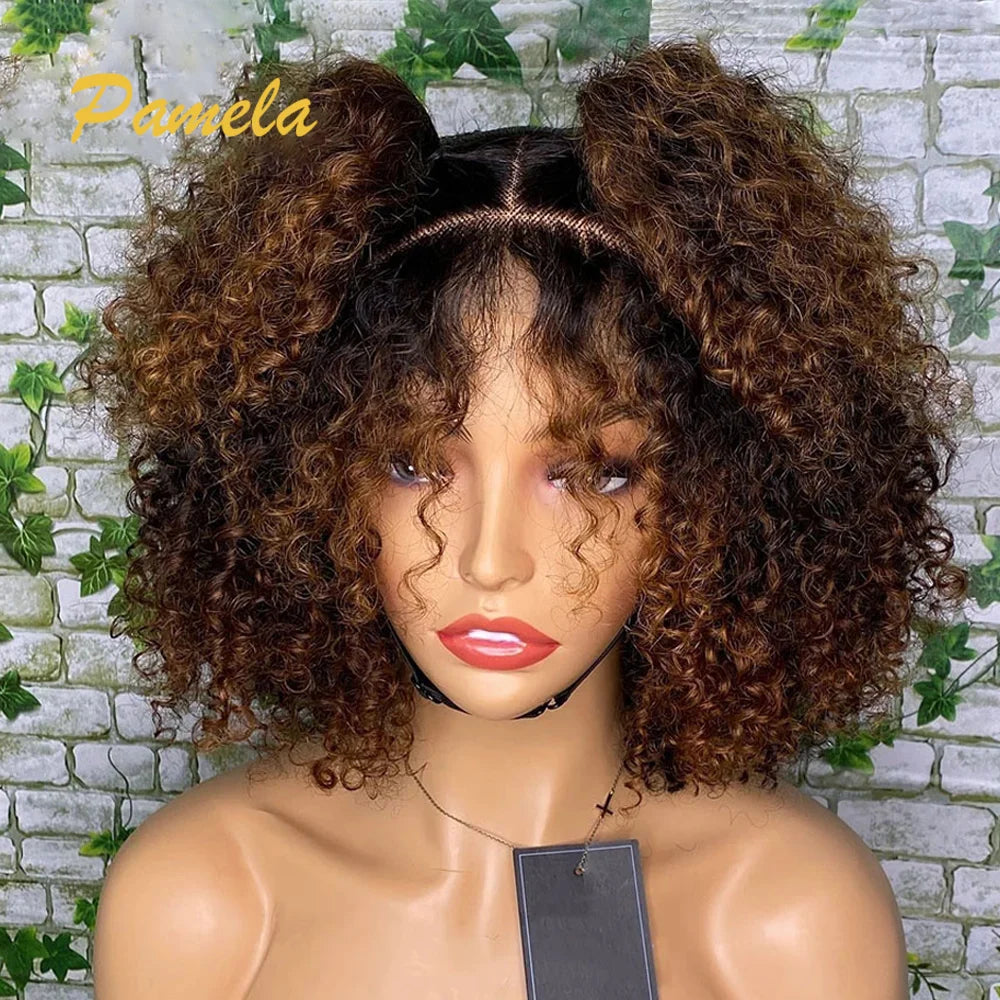 Ombre Blonde Wear and Go Glueless Short Curly 250% Dichte Echthaar Perücken Princess Hair Ready To Wear Lace Frontal Perücken