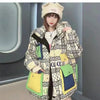 2023 Europäische Station Winter Neue Daunenjacke Damen Warm Mode Kurze Farb-Patchwork Graffiti dicke Weiße Entendaunenjacke