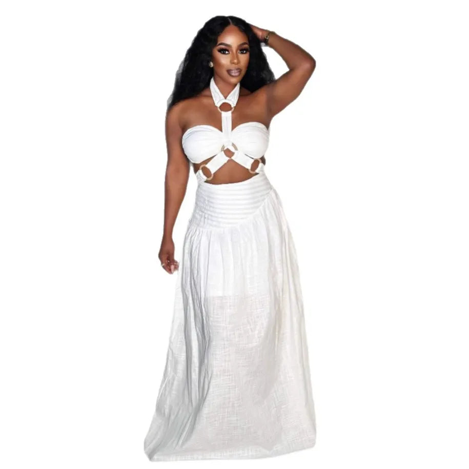 CM.YAYA Women's Dress Set Sleeveless Halter Tops and Long Skirts Suit Elegant Tracksuit Party Beach Two 2 Piece Set Outfits