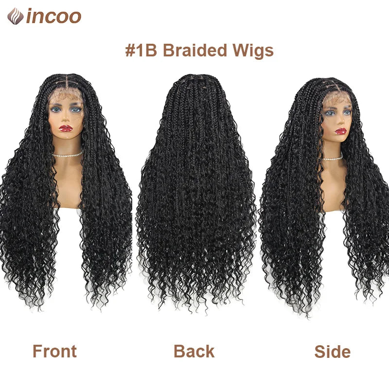 Boho Box Braided Wigs, gelocktes Kunsthaar, volle Lace-Front-Perücken für schwarze Frauen, Goddess Locs Braid Wig, Bohemian Box Braid Wig