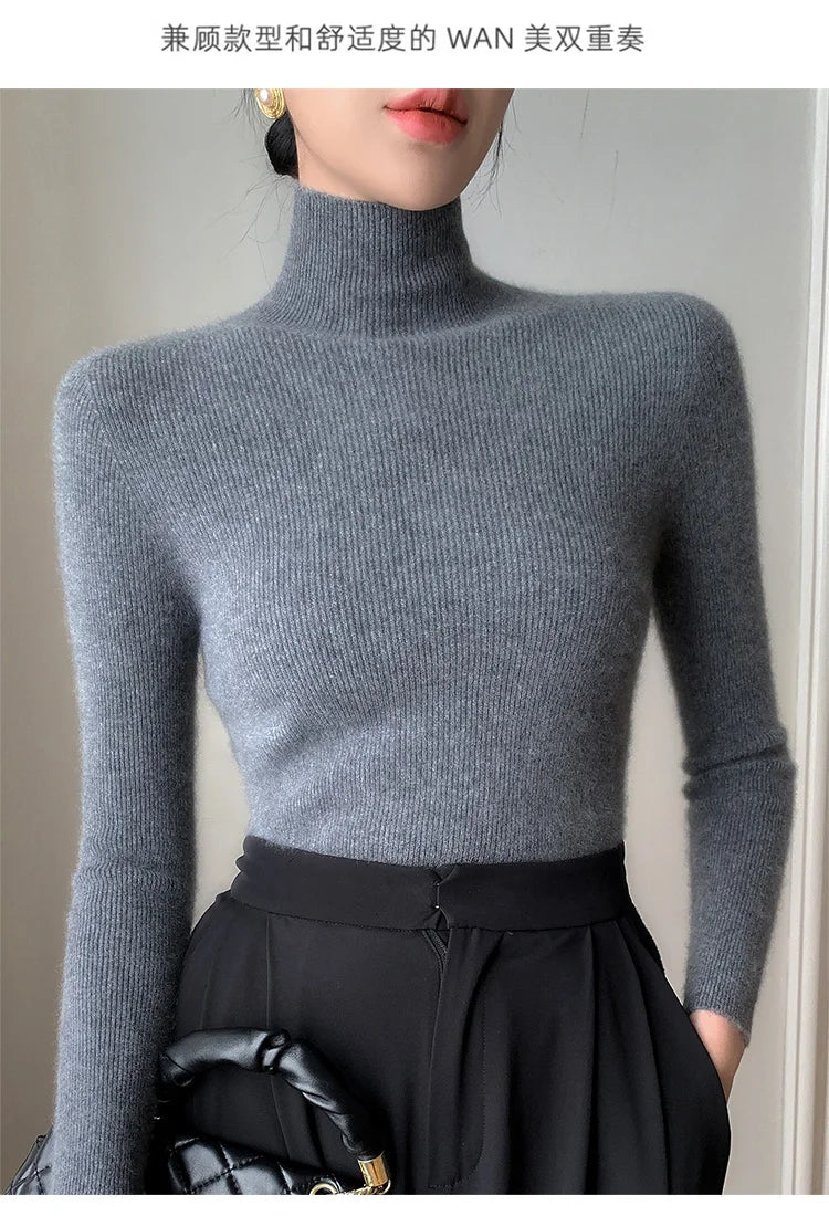 Damen Rollkragen-Basics Kaschmirpullover Herbst Winter Pullover 100% Merinowolle Strickwaren Damen Weicher schmaler Strick Neuer Top