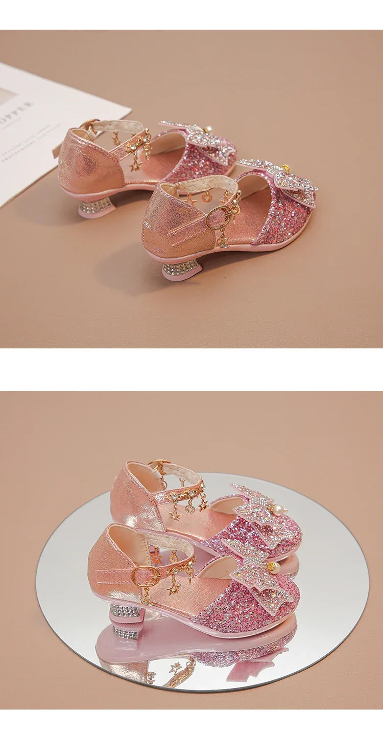 Girls Leather Shoes High Heeled for Wedding Party Glitter Rhinestone with Bow-knot Kids Dress High Heels Pendant Bling Sparkling