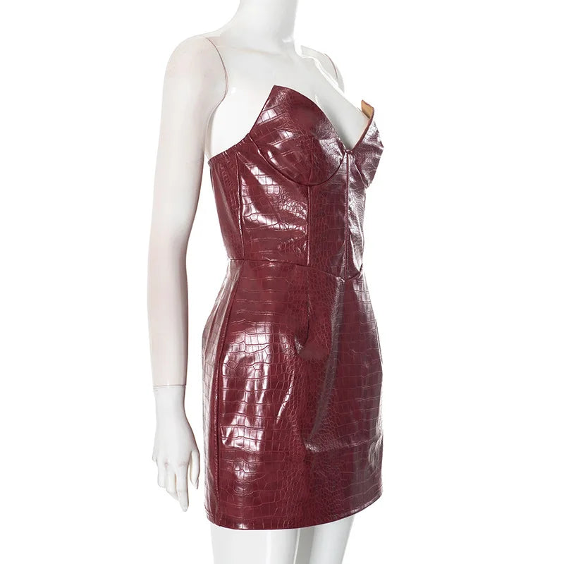Luxuriöses trägerloses Leder-Kurzkleid Damen ärmellos rückenfrei Sexy Krokodilleder-Muster Partykleider 2025 Abend Rot Braun