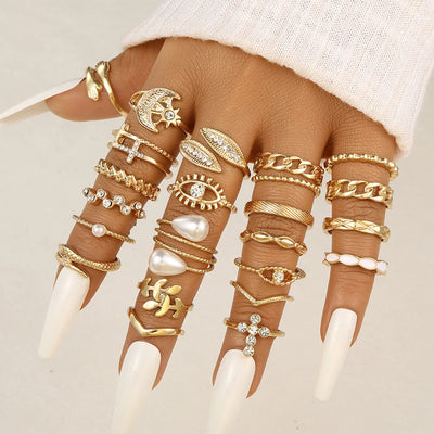 22Pcs Vintage Moon Eyes Pearl Rings Set For Women Metal Gold Color Snake Cross Geometric Hollow Finger Ring Trendy Party Jewelry
