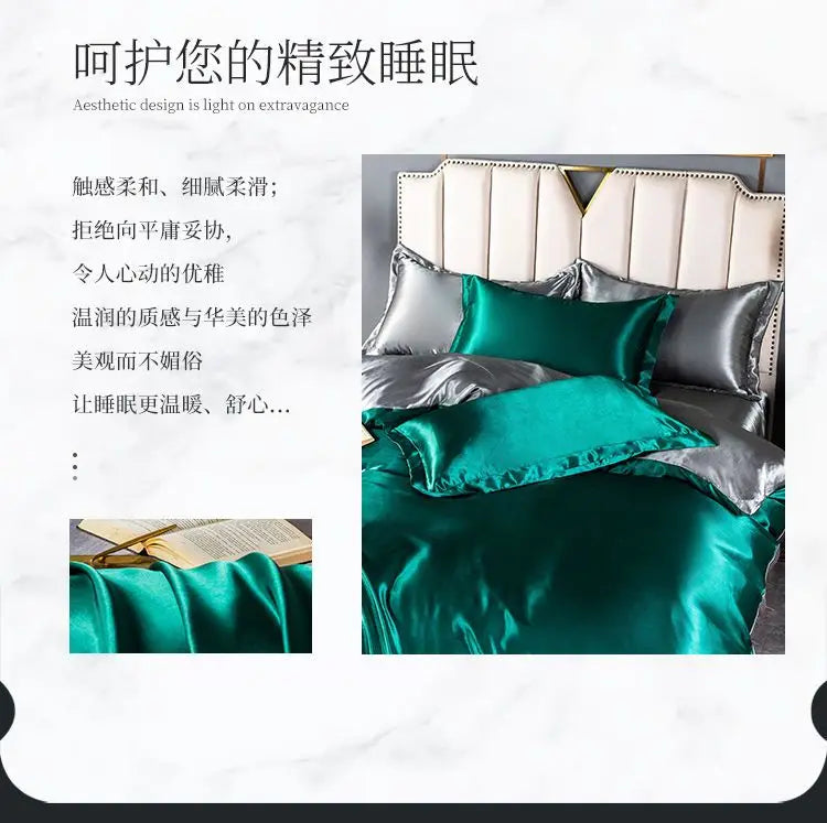 Nordic Satin Silk Bedding Set with Duvet Cover Bed Sheet Pillowcases Luxury Solid Single Double Couple Pillow Case Bedsheet