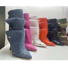 2025 Klassische Damenstiefel mit spitzer Zehe, ausgefallenen Absätzen, Nietenknopf und seitlichem Reißverschluss, einfarbig, hochhackige Schuhe, Botas Altas