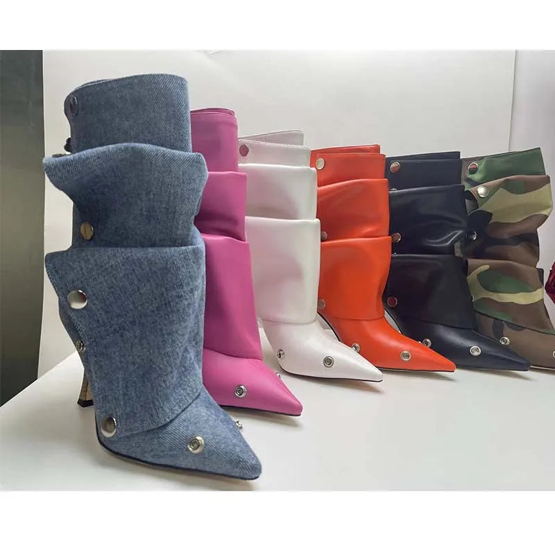 2025 Klassische Damenstiefel mit spitzer Zehe, ausgefallenen Absätzen, Nietenknopf und seitlichem Reißverschluss, einfarbig, hochhackige Schuhe, Botas Altas