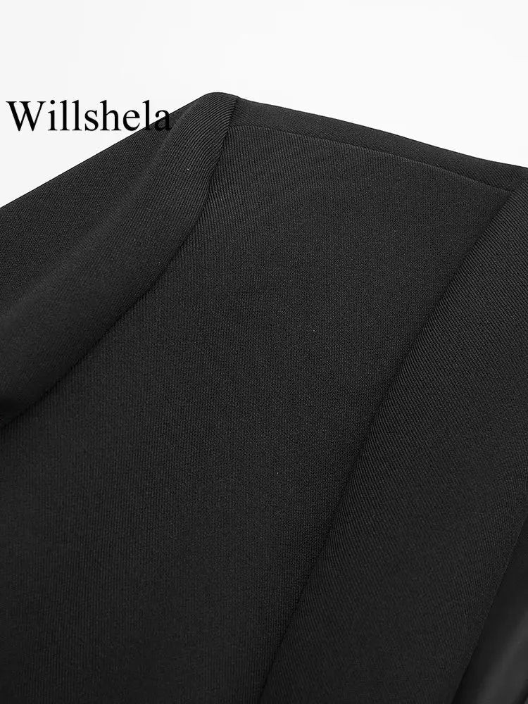 Willshela Damenmode Satin Schwarz mit Feder Blazer Jacke Vintage Kerbausschnitt Einreiher Lange Ärmel Damen Outfits