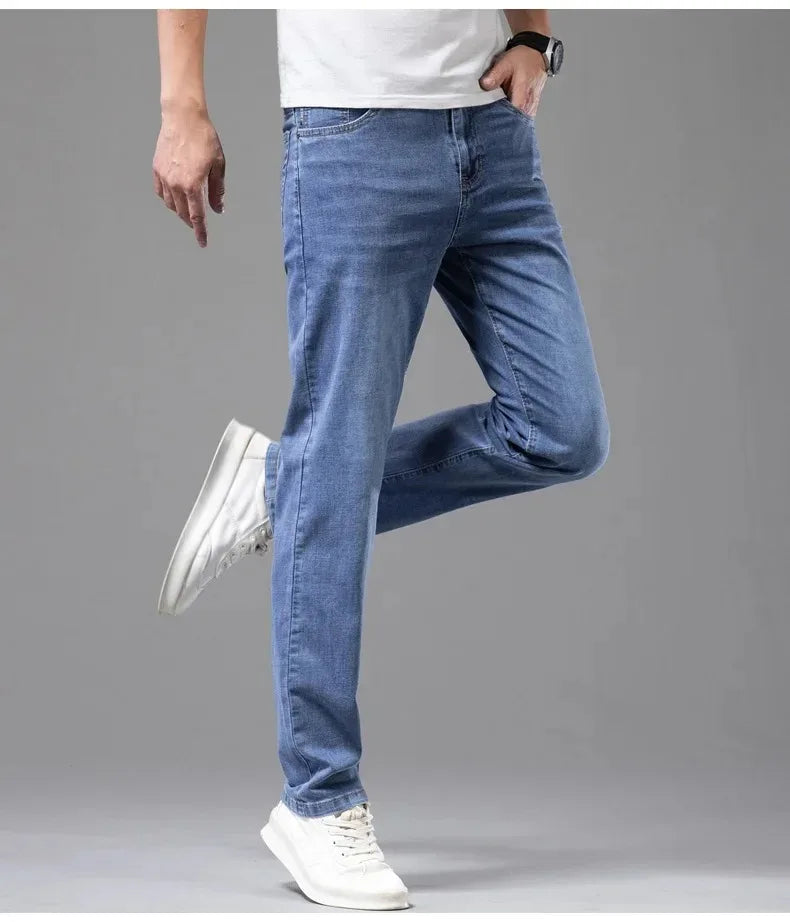 Sommer elastische Herrenjeans Mode Grau Bequeme Business Straight Stretch Baumwolle Casual Denim Hose Marke Männliche Dünne Hosen