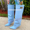 Transparent Wedge Knee-high Boots Women Pointy Toe Winter Fashion Metal Decor Foldover Shoes Ladies Streetwear Clear Heel Boots