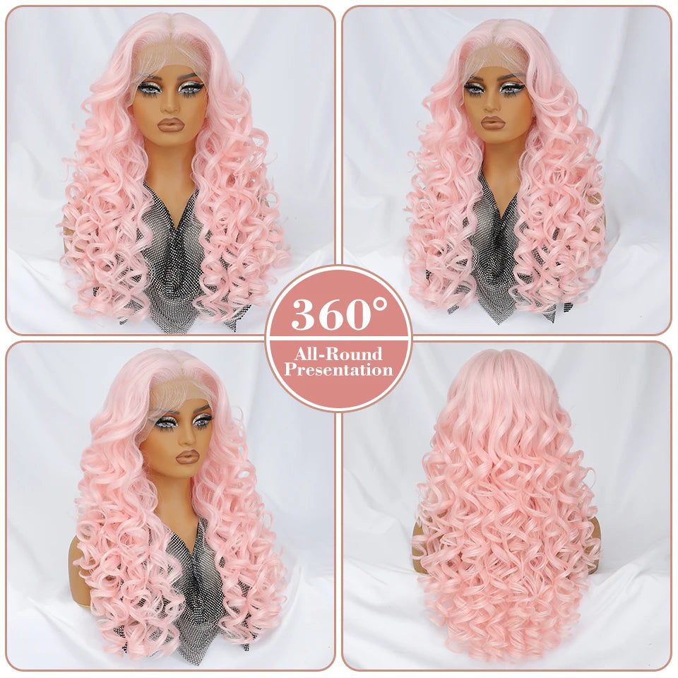 Latisha 13X6 HD Synthetische Spitzenfrontperücke lockig vorgezupfte Lace-Frontal-Perücke mit Pony für Damen, Highlights mit Babyhaar, 24 Zoll