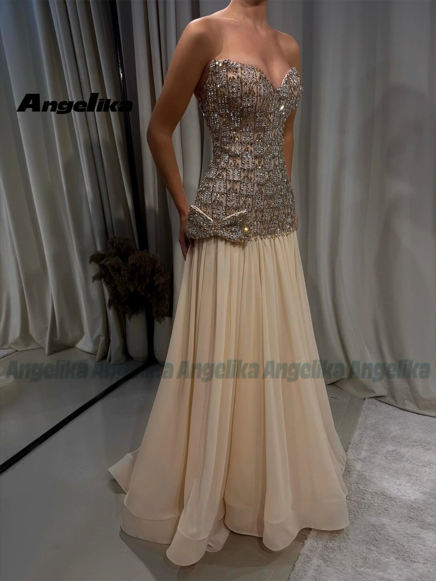 Angelika Exquisite A-line Evening Dresses for Women Rhinestones Pleated Bow Graduation Party Gowns Vestido de Gala Customized