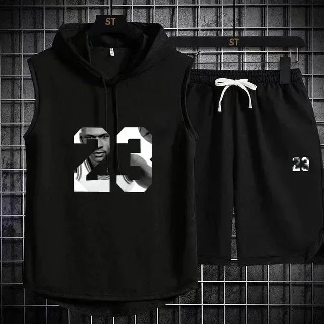 Summer New Men's Sleeveless Hooded T-shirt+shorts pants Sports two-piece set gym  Fashion  Casual Men Women Sports Two Piece Set