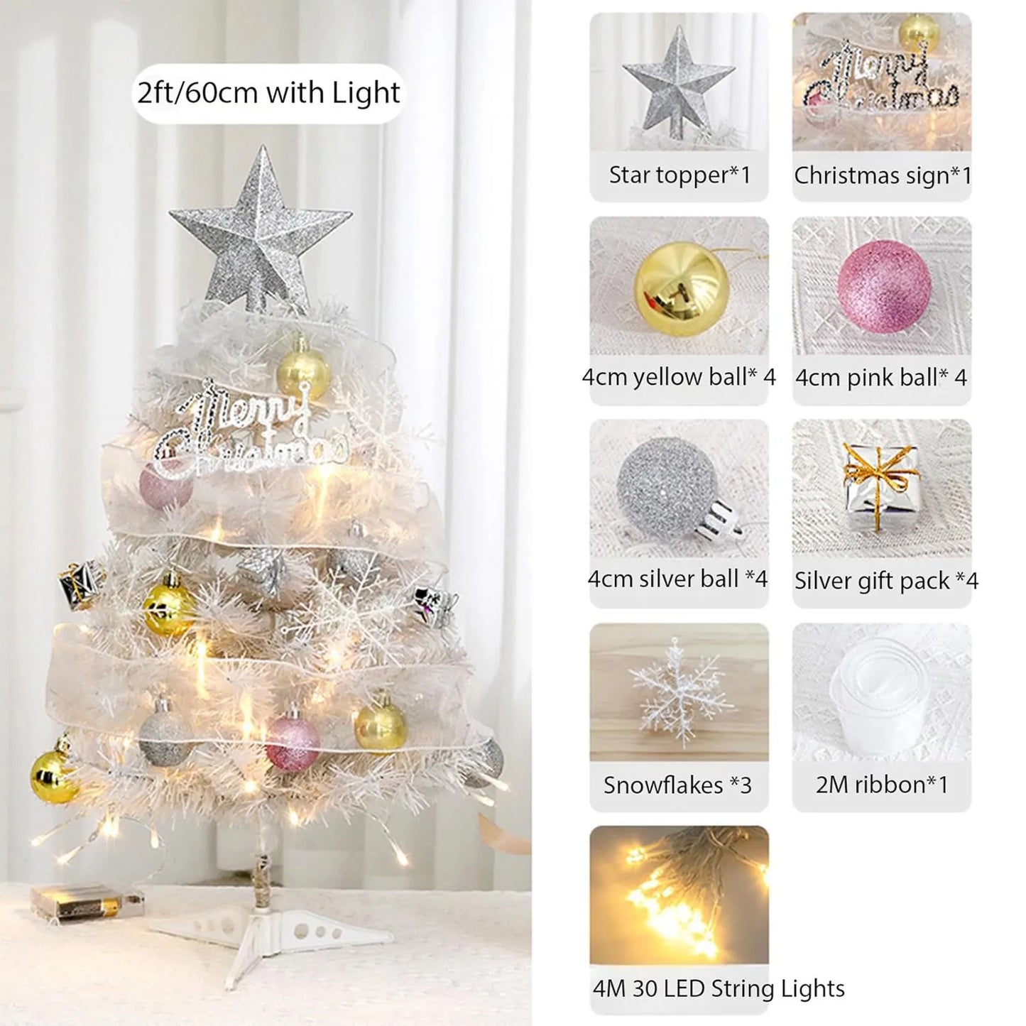 Hot Sale 45/60cm Christmas Tree With lights White/Pink Christmas Tree With Star Christmas Miniature Pine With Ornaments