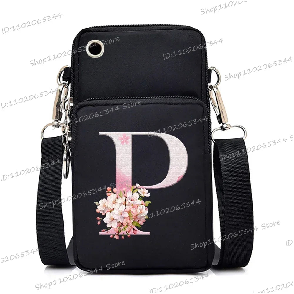 Damen Kuriertasche Kleine Handtasche Umhängetasche Geldbörse für Handy Sakura 26 Alphabet-Druck Münzgeldbörse Damen Kartenhalter