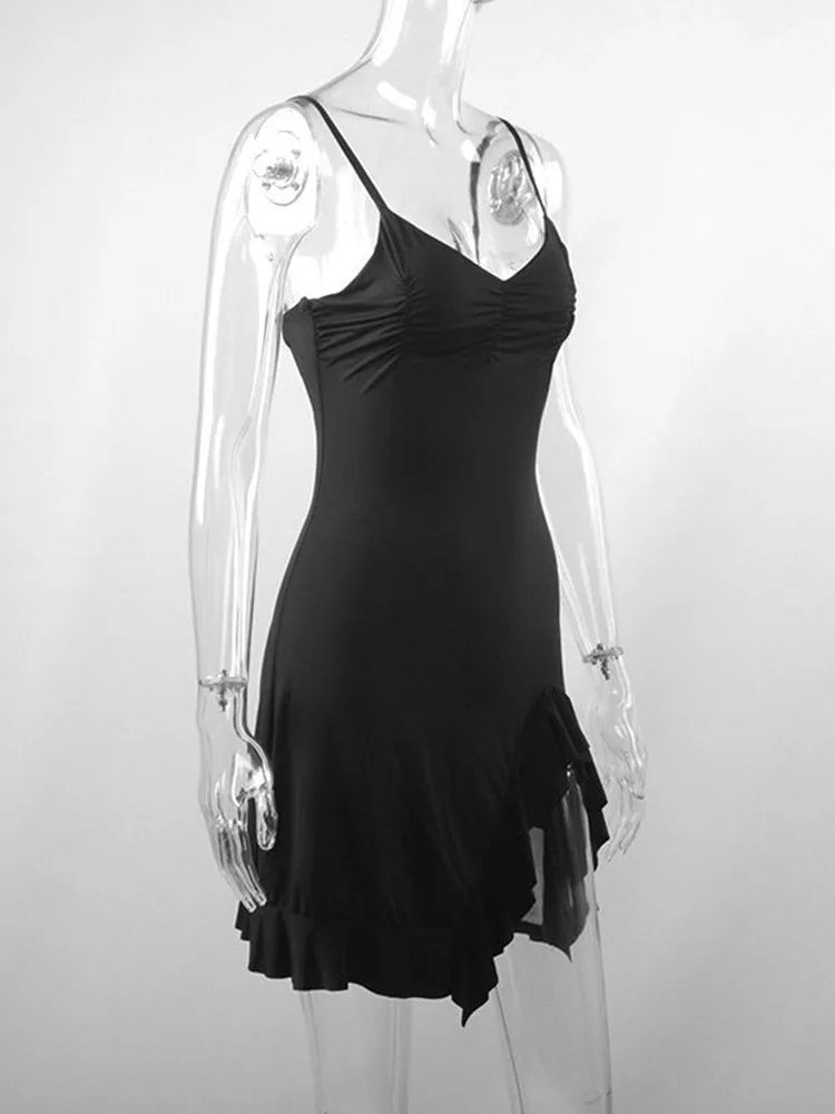 Sexy Sommer Minikleid Damen Neue Schwarze Mode Streetwear Ärmellos Rückenfrei Falten Split Kleid Elegantes Party Spaghetti-Träger A-Linien-Kleid