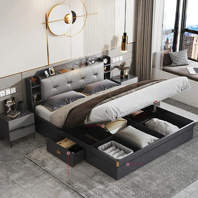 Minimalistische moderne Schlafzimmerset-Kommode, bequemer Stauraum, Doppelbett, elegantes schwarzes Doppelbett, Möbel