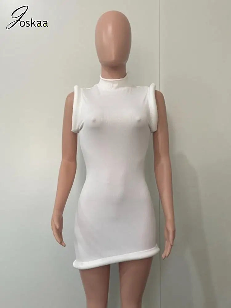 Joskaa Elegant Solid Stand Collar Sleeveless Bodycon Irregular Mini Dress for Women 2024 Summer Evening Birthday Party Clubwear