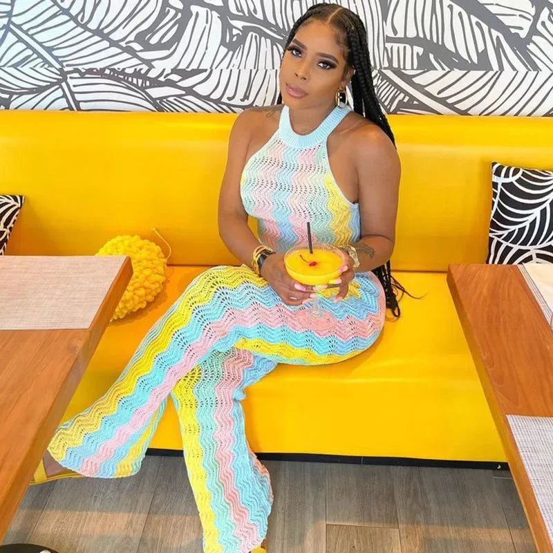 Knitted Striped 2 Piece Sets Women Outfit Summer Beach Vacation Sleeveless Crop Top and Flare Pants Matching Sets Club Party