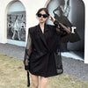 Fashion Hollow Out Mesh Patchwork Blazer for Women Y2K Korean Chic Net Long Sleeves Loose Black Coat Gothic Casual Suit Jacket