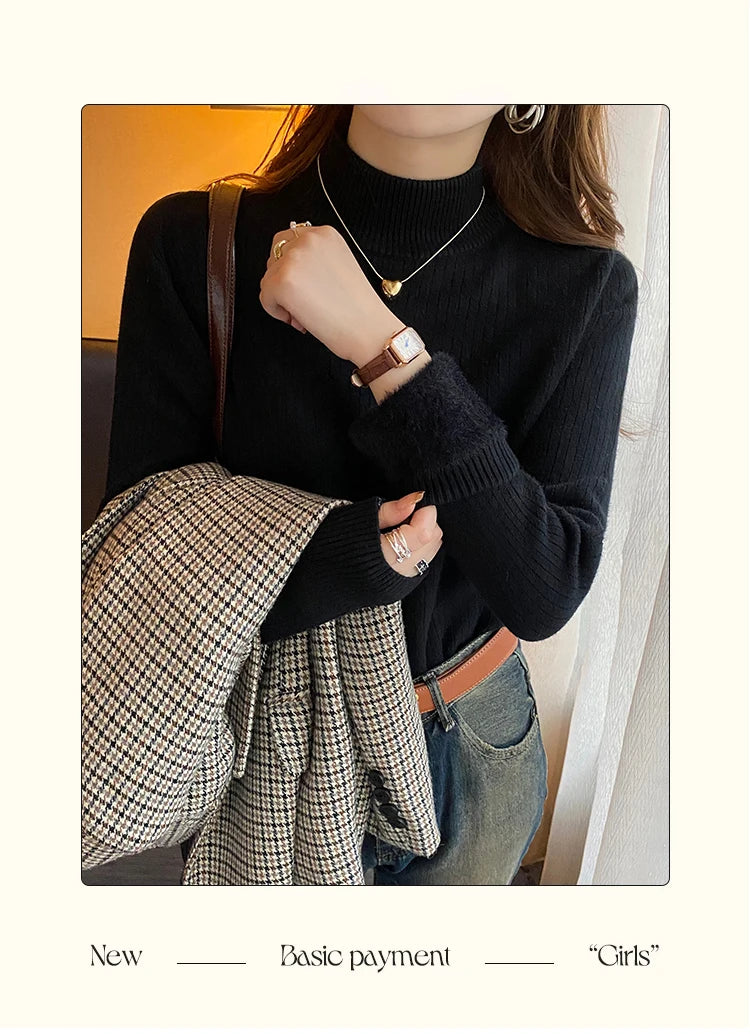 Damen Rollkragenpullover Winter 2025 Retro Rot mit Samtfutter Verdickter Innerer Thermostrickboden