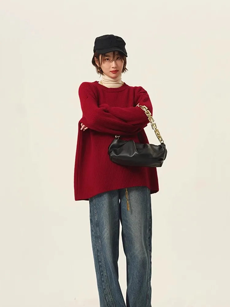 Rollkragenpullover 100% Kaschmir Pullover Damen lose verdickend Anti-Aging Nische Vintage Roter Rundhals-Pullover Damen Langarm