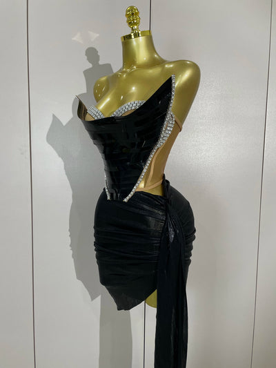 New Sparkly Black Sequin Sexy Top Two Pieces Set Women Celebrate Party Birthday NightClub Performance Dancer Show Stage Outfit