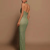 Sexy Neckholder Maxikleid mit tiefem V-Ausschnitt, Pailletten, Damen, Grün, Ärmellos, Rückenfrei, Pailletten, Schlankes langes Kleid, Celebrity Partykleider