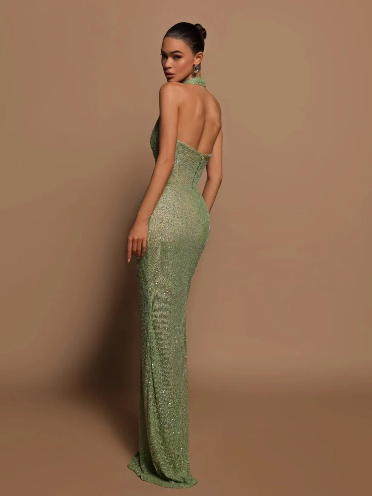 Sexy Neckholder Maxikleid mit tiefem V-Ausschnitt, Pailletten, Damen, Grün, Ärmellos, Rückenfrei, Pailletten, Schlankes langes Kleid, Celebrity Partykleider
