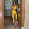 Hugcitar Fashion 2 Pcs Sets Strapless Tie Flower Draped Sexy Crop Tank Top Slit Tassel Maxi Skirt Women Outfit Festival Party