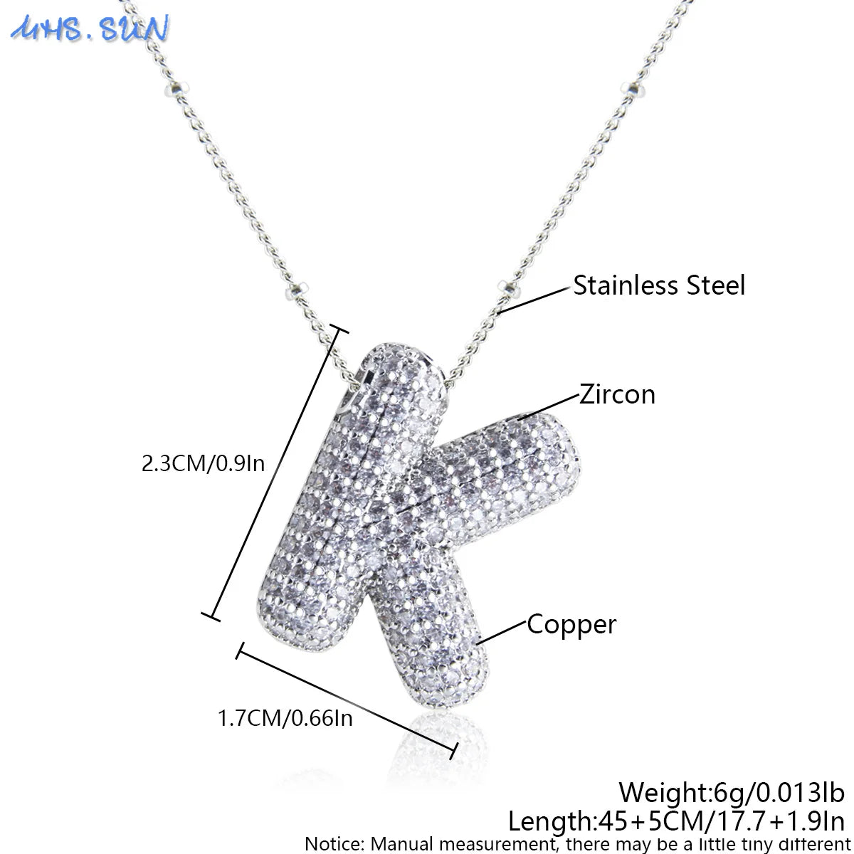 MHS.SUN Hochwertige Bubble Initialenkette Buchstabe A-Z Silberfarbene Zirkon 26 Initialen Ballon Anhänger für Damen Herren Schmuck